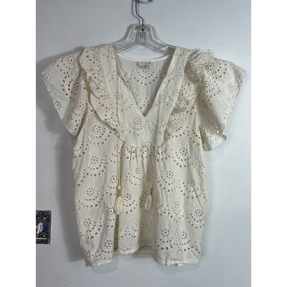 Nicole Miller Artelier Cream Eyelet Lace Ruffle Flutter Sleeves Top Small Boho - Picture 1 of 8